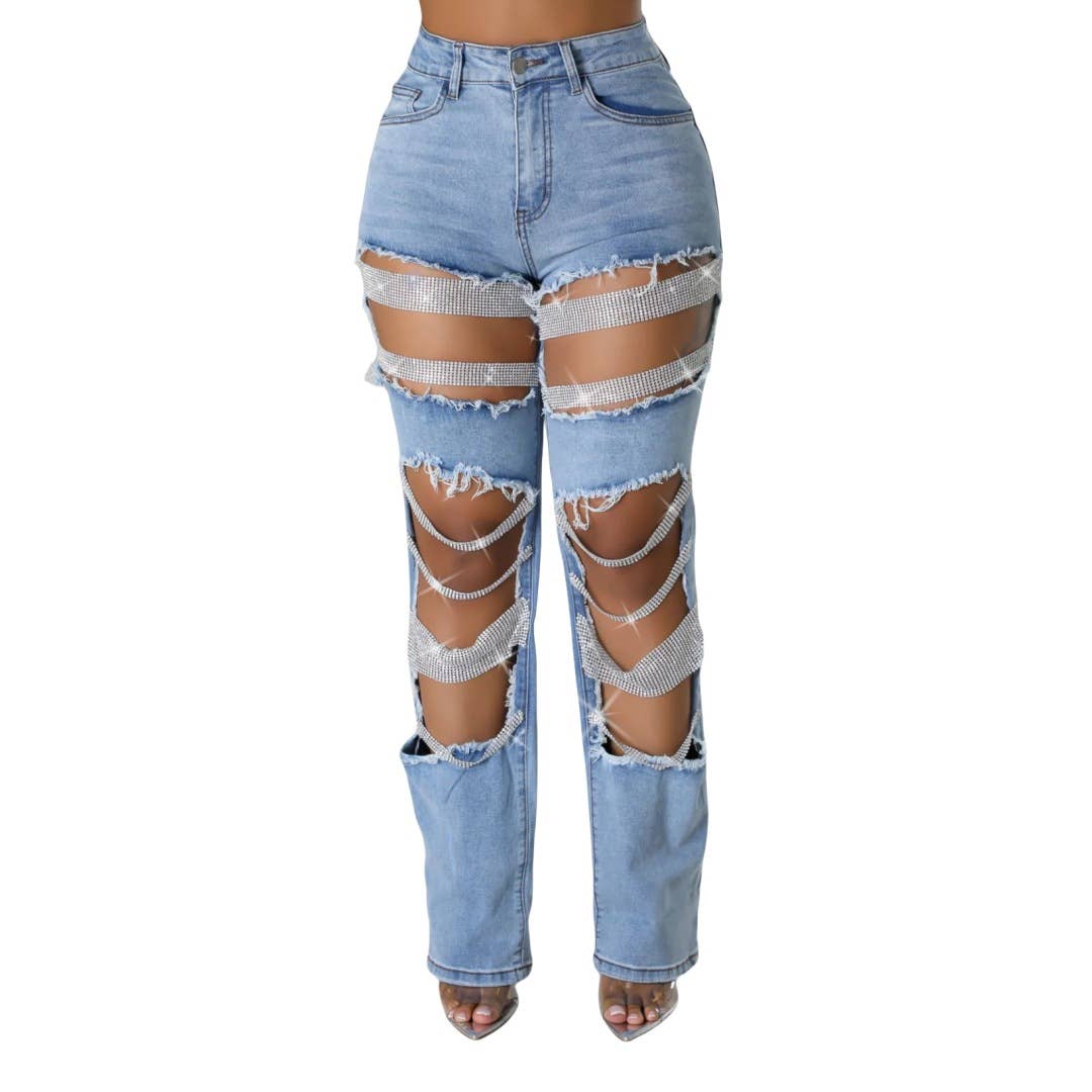 Pearl &  Chain Ripped Cut Out Jeans