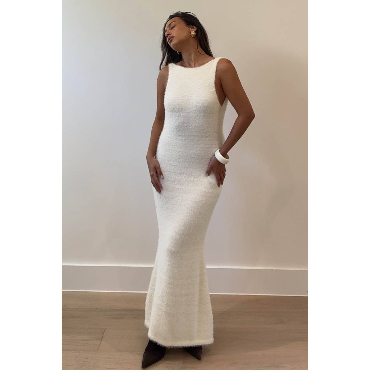 Fuzzy Knit Open Back Maxi Dress