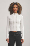 Double Zipper Ribbed Mock Neck Top