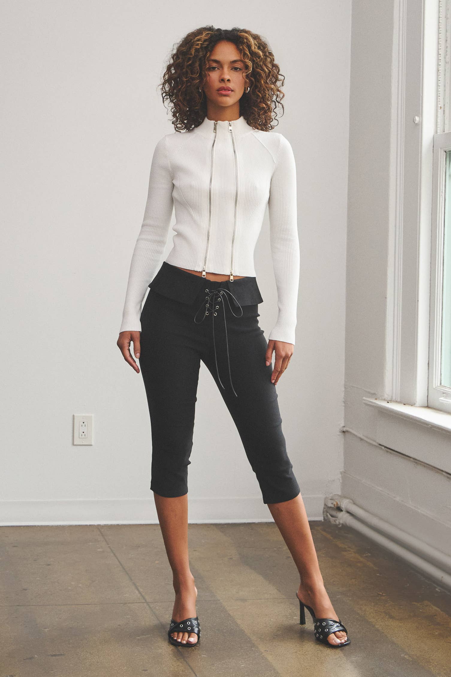 Double Zipper Ribbed Mock Neck Top