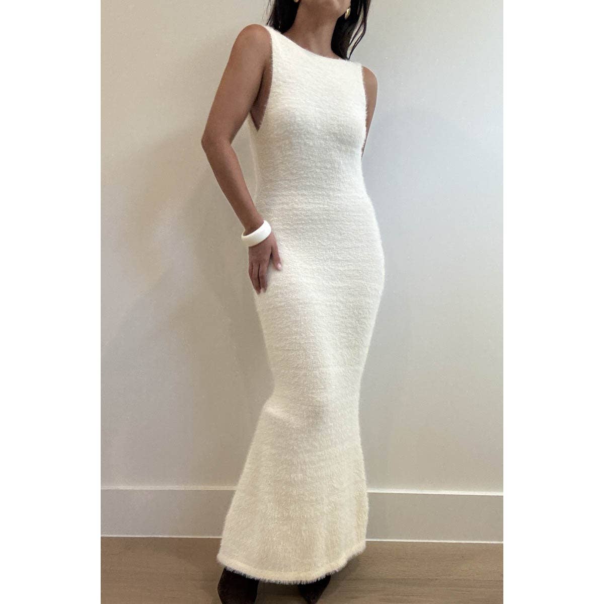 Fuzzy Knit Open Back Maxi Dress