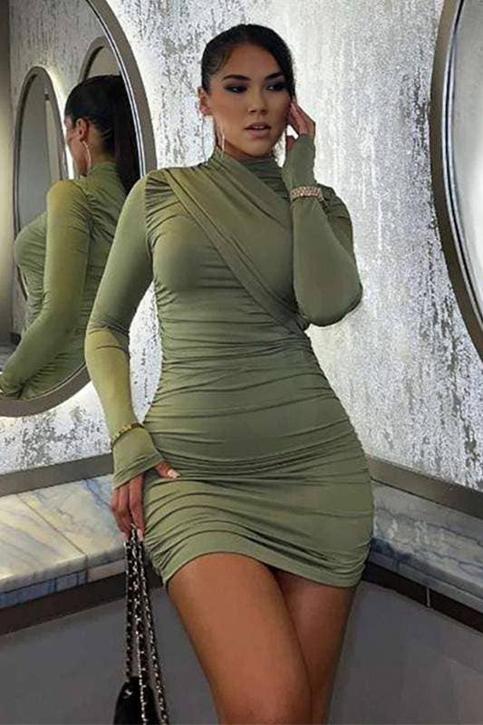 Long sleeve ruched mini dress