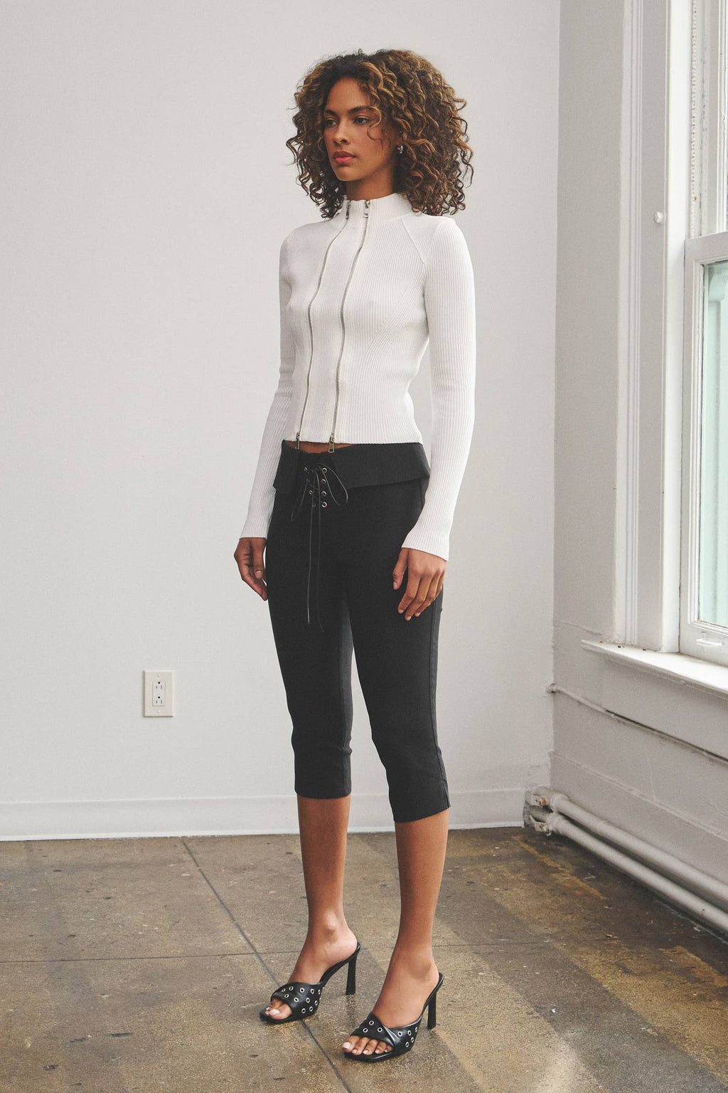 Double Zipper Ribbed Mock Neck Top