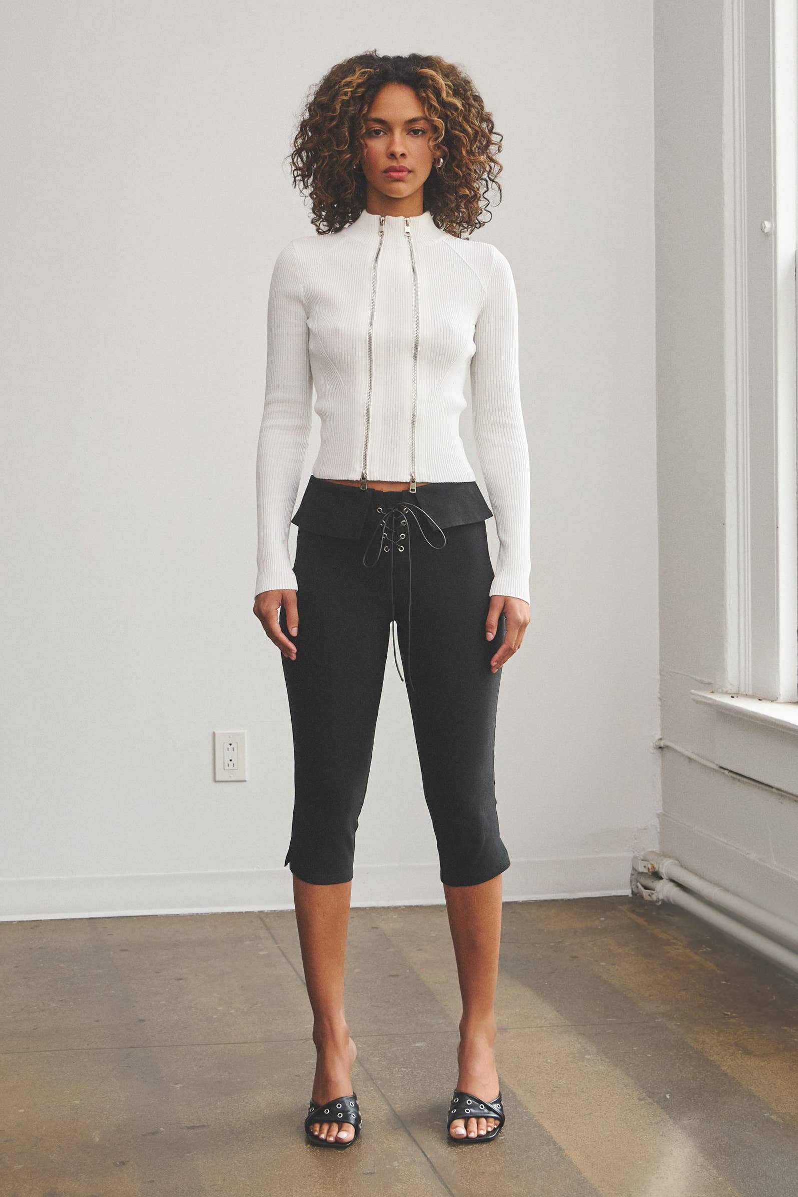 Double Zipper Ribbed Mock Neck Top