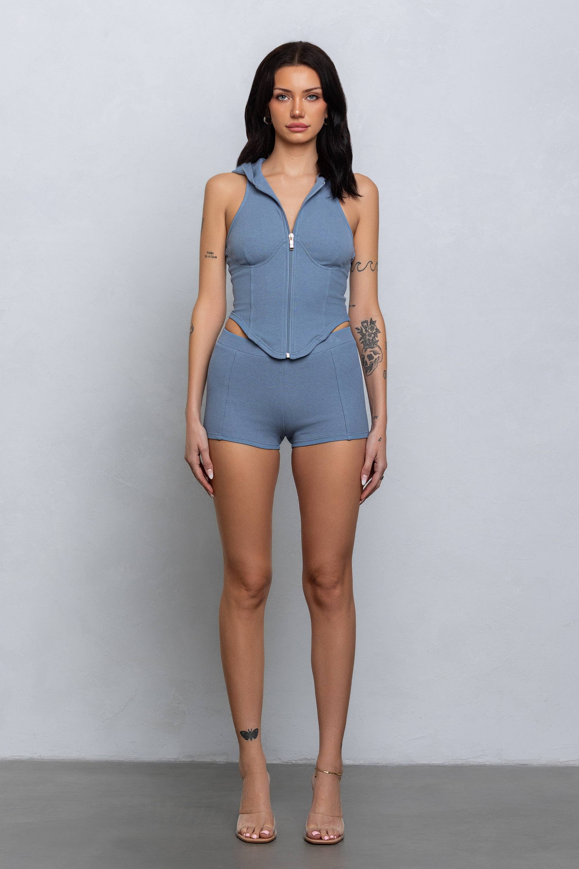 Sleeveless Rib Hoodie Zip Up with Micro Shorts