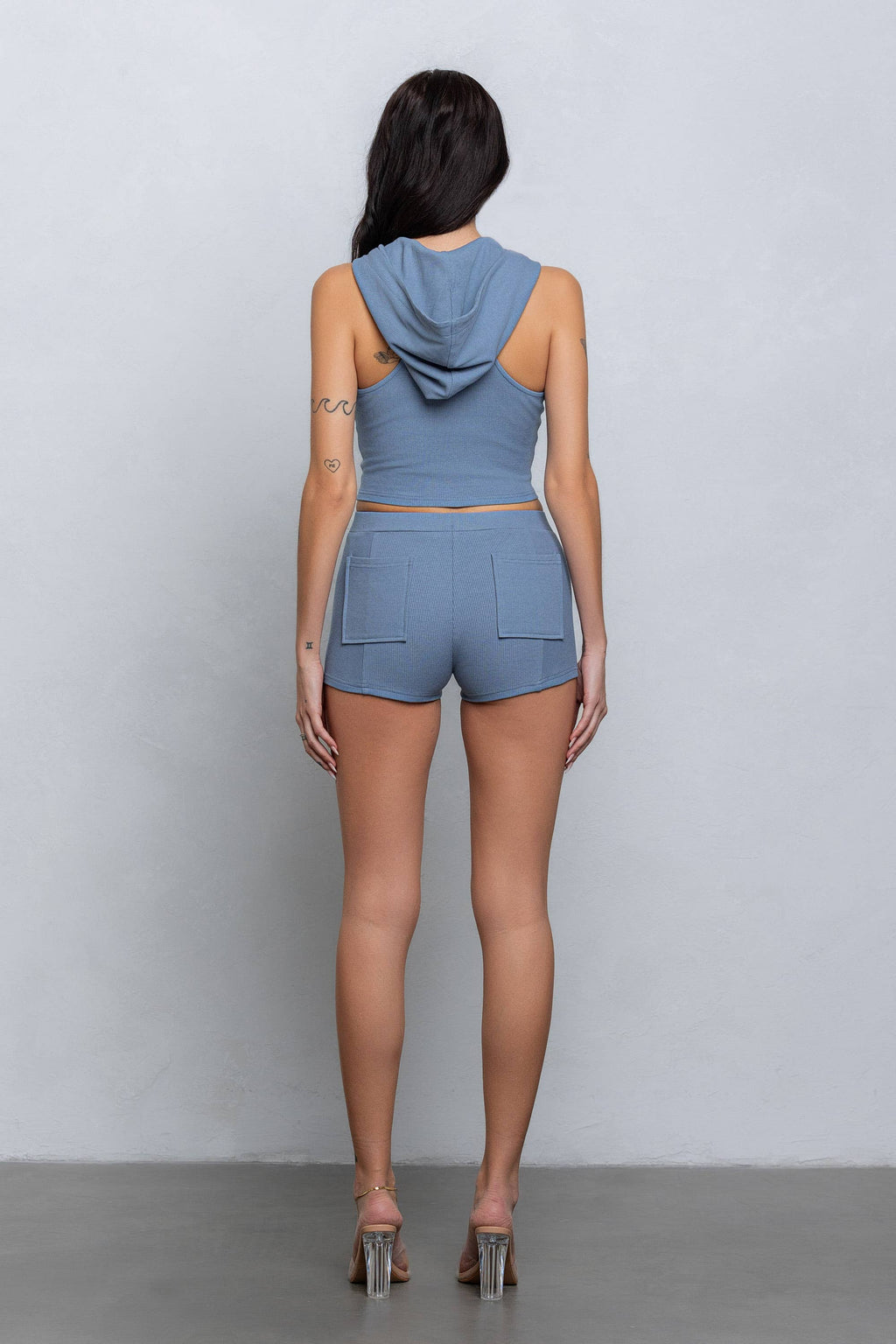 Sleeveless Rib Hoodie Zip Up with Micro Shorts